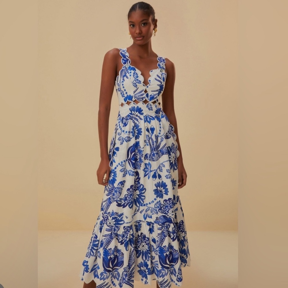 FARM Rio Blue and White Floral Midi Dress with Scalloped Straps
